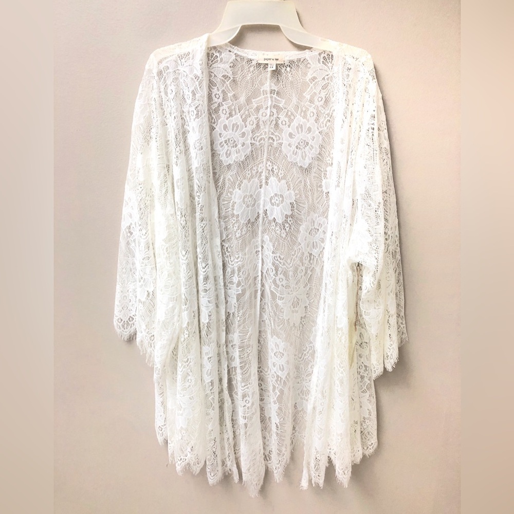 Paper + Tee Women’s Ivory White Crochet Open Front Cardigan NWT Kimono 3X Plus